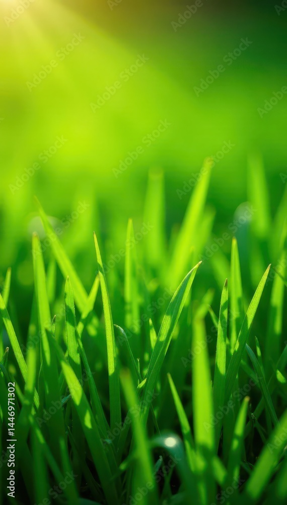 Fototapeta premium Emerald green grass, freshly cut, spring sunlight , blades, top view