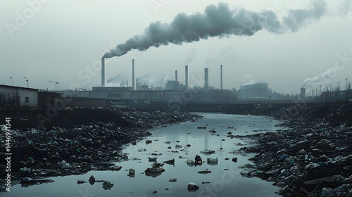 Factory with smokestaks pumping smoke pollution emissions into air lack of environmental concern environment at sunset	 photo
