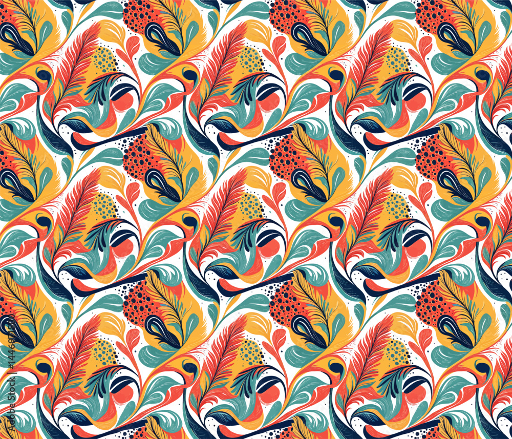 Obraz premium Abstract seamless vector design with floral line art and wave elements for textile decoration.