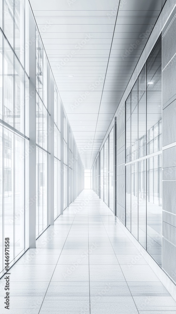 Obraz premium Sleek modern hallway featuring large glass windows and minimalistic design elements.