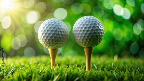 Close-up of a golf ball resting on two parallel tee pegs with a lush green background, showcasing the ball's texture and the pegs' precision , golf ball, recreation
