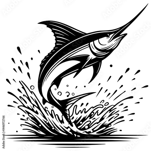 Marlin Fish Leaping Sketch Drawing.