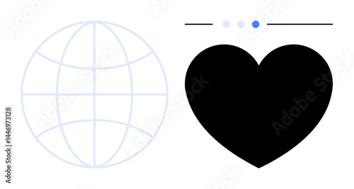 Globe outline alongside a bold black heart and navigation indicators with focus on digital connectivity. Ideal for global connections, technology, social interaction, communication, relationships