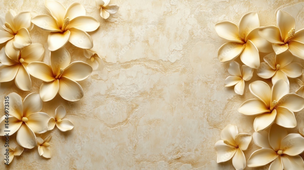 Golden Frangipani with Stucco Stems and Leaves An elegant 3D floral background. Elegant 3D Floral Background Featuring Golden Frangipani with Stucco Stems and Leaves.
