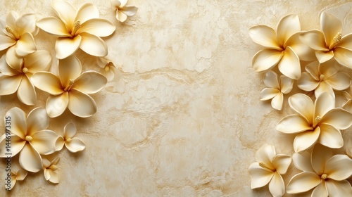 Obraz na płótnie Golden Frangipani with Stucco Stems and Leaves An elegant 3D floral background. Elegant 3D Floral Background Featuring Golden Frangipani with Stucco Stems and Leaves.
w salonie