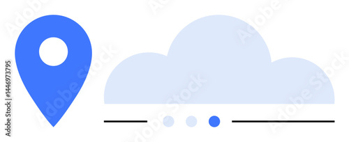Blue location pin next to cloud icon and three navigation dots. Ideal for navigation, travel, cloud computing, technology, data sharing, geographic systems, simple landing page