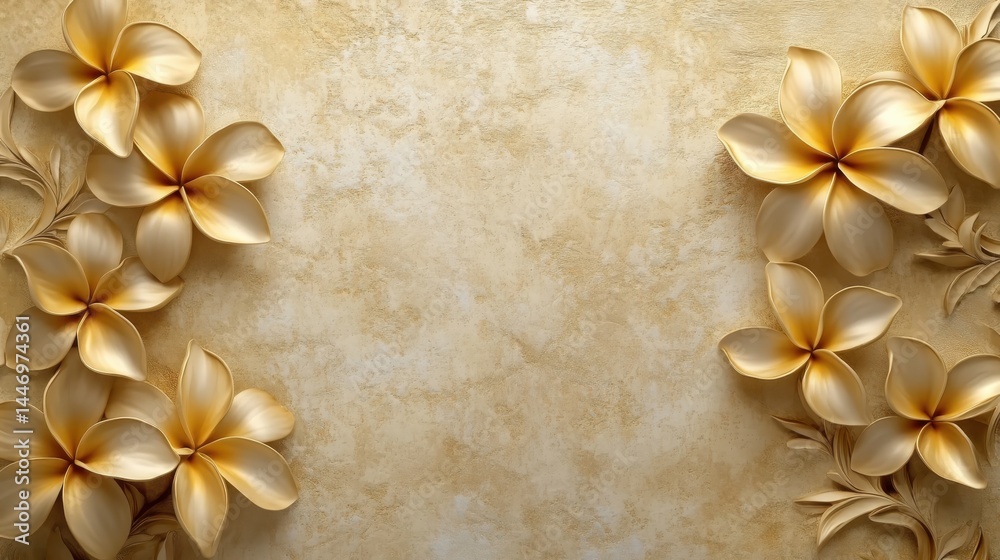 Golden Frangipani with Stucco Stems and Leaves An elegant 3D floral background. Elegant 3D Floral Background Featuring Golden Frangipani with Stucco Stems and Leaves.