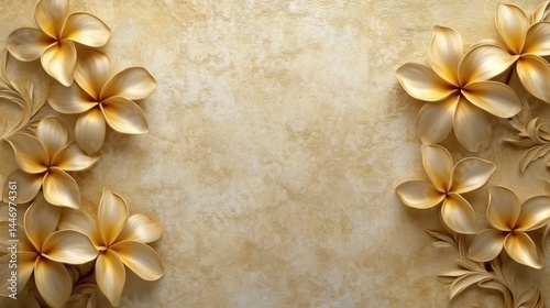 Obraz na płótnie Golden Frangipani with Stucco Stems and Leaves An elegant 3D floral background. Elegant 3D Floral Background Featuring Golden Frangipani with Stucco Stems and Leaves.
w salonie