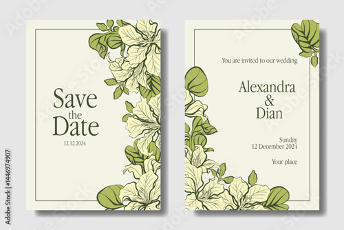 Aesthetic wedding invitation design template with hand drawing Bauhinia flower. Olive Green, Light Butter Yellow, and Olive Drab color theme