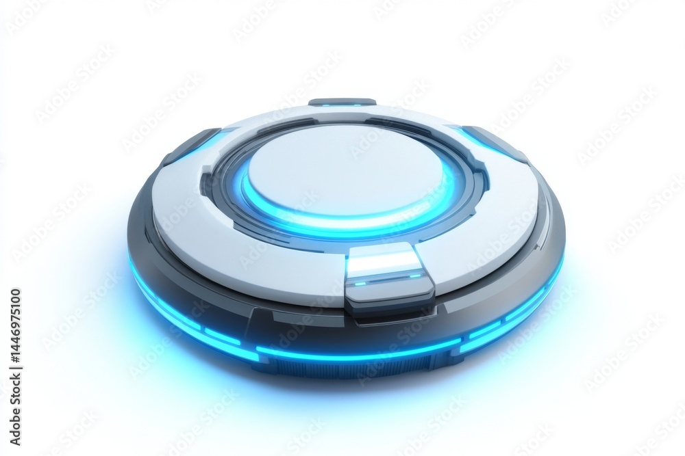 Futuristic, disc-shaped, technological object with glowing blue accents. A sleek, modern design with layered components Futuristic, disc-shaped, technological object with glowing blue accents. A sleek, modern design with layered components