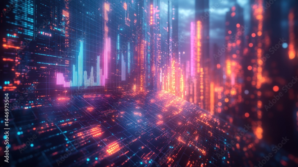 Abstract futuristic cityscape with glowing neon lights and geometric shapes. Abstract futuristic cityscape with glowing neon lights and geometric shapes.