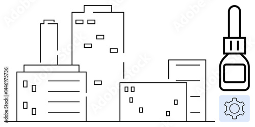 Cityscape with tall buildings in minimalist outline style, dropper bottle, and gear icon. Ideal for urban development, healthcare, innovation, real estate, technology, creativity simple landing page