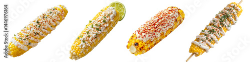Set of elote with Mexican street corn, featuring grilled corn on the cob brushed with mayonnaise, sprinkled with cotija cheese, chili powder, and lime juice isolated on transparent background