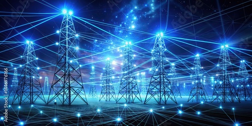 Detailed rendering of a futuristic smart grid system with glowing blue lines and nodes, showcasing interconnected energy sources and transmission lines, technology, innovation