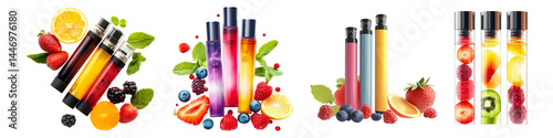 Set of disposable vape with different fruits, berries flavors isolated on transparent background
