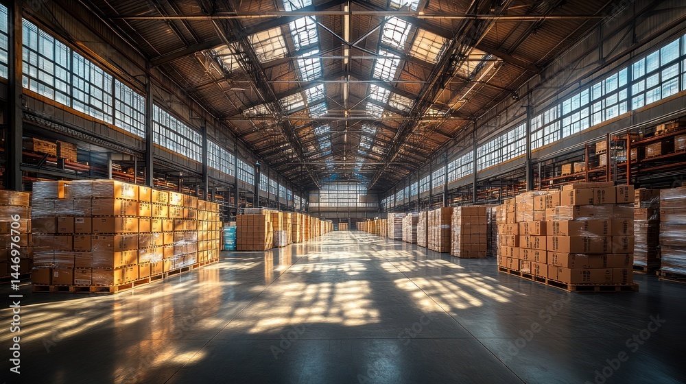 Large warehouse interior with stacked boxes and sunlight streaming through the roof. Large warehouse interior with stacked boxes and sunlight streaming through the roof.