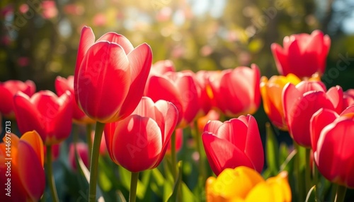 Close-up vibrant tulips, sunlight, spring blossoms, bloom, harbinger of spring