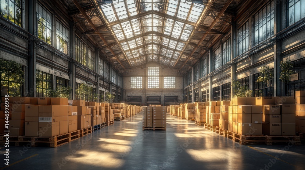 Interior of a large warehouse with stacked cardboard boxes and a high ceiling. Interior of a large warehouse with stacked cardboard boxes and a high ceiling.
