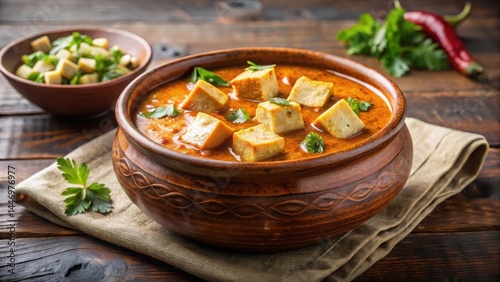 Sahi paneer served in a traditional mud pot, rich gravy, mud pot