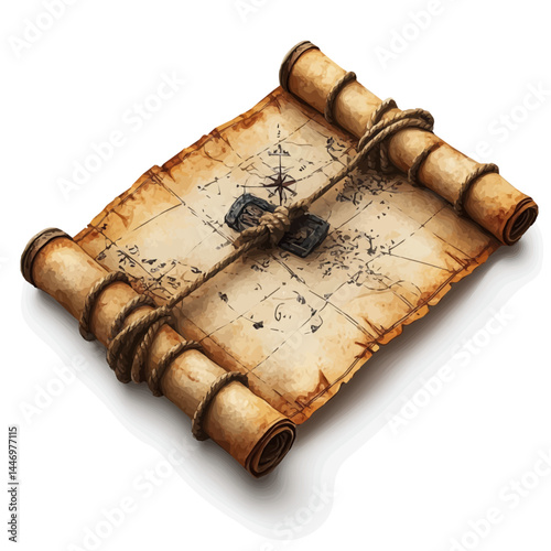watercolor of Rolled Treasure Map Tied With Rope, vector, isolated on a white background.