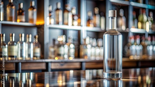 Sleek glass vodka bottle on a minimalist bar counter with a few decorative elements , glass, sleek,  glass, sleek, liquor