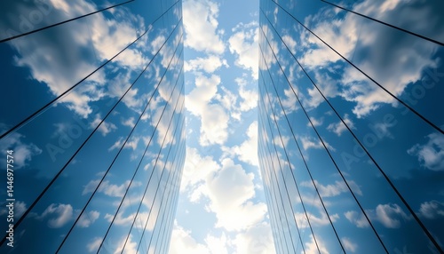 Clouds mirrored in sleek glass skyscraper facade, clean, reflection photo
