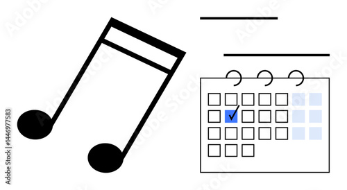 Musical note next to a calendar with a marked date signifies planning music events, rehearsals, performances, deadlines. Ideal for scheduling, organization, time management, event planning