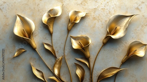 Obraz na płótnie Golden Calla Lilies with Stucco Stems and Leaves An elegant 3D floral background. Elegant 3D Floral Background Featuring Golden Calla Lilies with Stucco Stems and Leaves.
w salonie