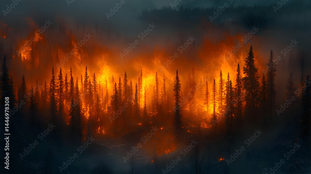 Fiery Inferno Consumes Coniferous Forest at Dusk Fiery Inferno Consumes Coniferous Forest at Dusk