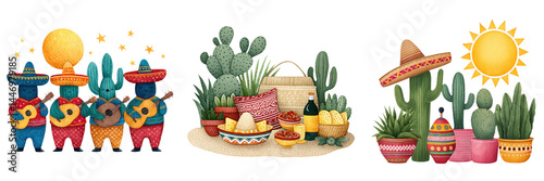 Cinco de Mayo aesthetic concept featuring cactus in watercolor. Colorful Mexican-themed illustrations featuring musicians, a picnic setup, cacti, sombreros, and traditional decorations