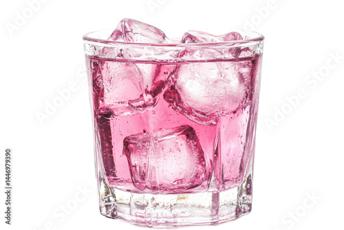A refreshing pink beverage with ice cubes, in a short clear glass against a dark background
