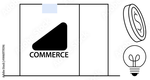 Store building labeled Commerce, a coin signifying wealth, and a lightbulb representing ideas or innovation. Ideal for business, e-commerce, finance, innovation, entrepreneurship, creativity online