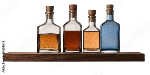 Four Different Colored Liquor Bottles On Wooden Shelf Isolated Background Illustration