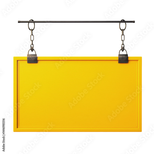 A yellow sign hanging by chains on top, blank for text
