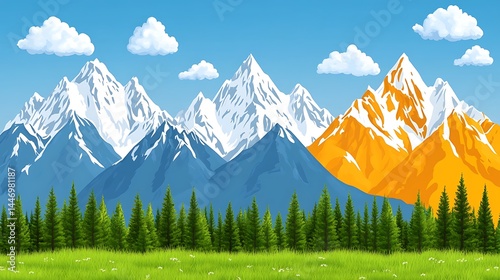 Cartoon mountain range with forest foreground
