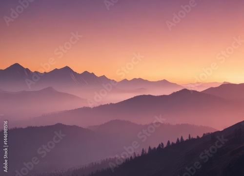 Misty mountains bathed in ombre sunset, sky gradient , peaceful, view, red