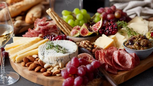An enticing display of a gourmet charcuterie board, featuring an array of cheeses, meats, fruits, and nuts, perfect for entertaining or a casual gathering.