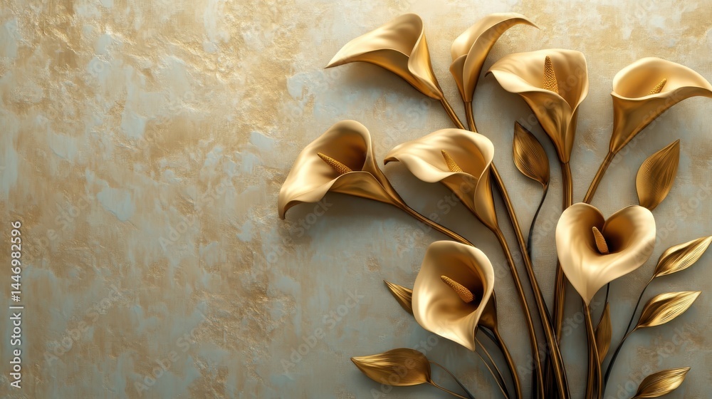 Golden Calla Lilies with Stucco Stems and Leaves An elegant 3D floral background. Elegant 3D Floral Background Featuring Golden Calla Lilies with Stucco Stems and Leaves.