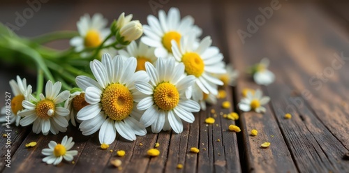 Dried chamomile sprigs on rustic wood, blossoms scattered nearby, blossom, white, herbalism