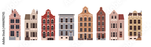 English houses set. Historic urban architecture, UK Britain apartment buildings. London city facades with windows, traditional roofs, porches. Flat vector illustration isolated on white background