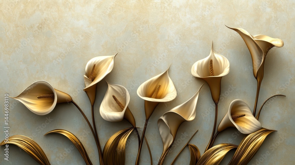Golden Calla Lilies with Stucco Stems and Leaves An elegant 3D floral background. Elegant 3D Floral Background Featuring Golden Calla Lilies with Stucco Stems and Leaves.