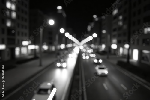 Close-up of city lights at night in black and white with blurry cars and buildings, cityscape, light trails
