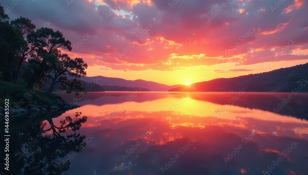 Obraz premium Serene sunset mirrored perfectly in still lake water , photography, stunning