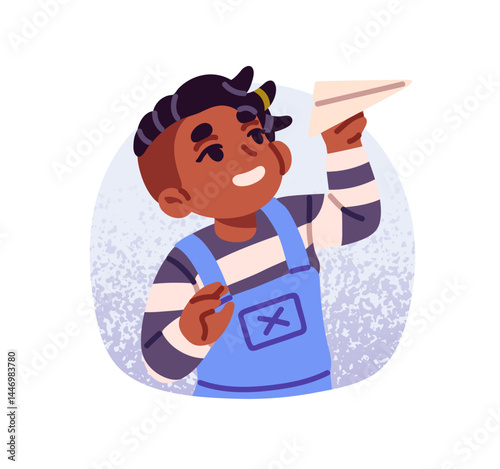 Happy kid holds in hand, launches paper aircraft. Cute child has fun, play with airplane toy. Portrait of amusing little black boy for avatar. Flat isolated vector illustration on white background