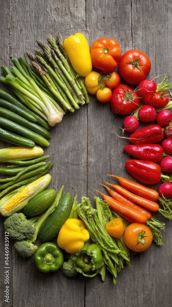 Fresh vegetables arranged in a circular pattern on wood, showcasing natural abundance and vibrant colors. Fresh vegetables arranged in a circular pattern on wood, showcasing natural abundance and vibrant colors.