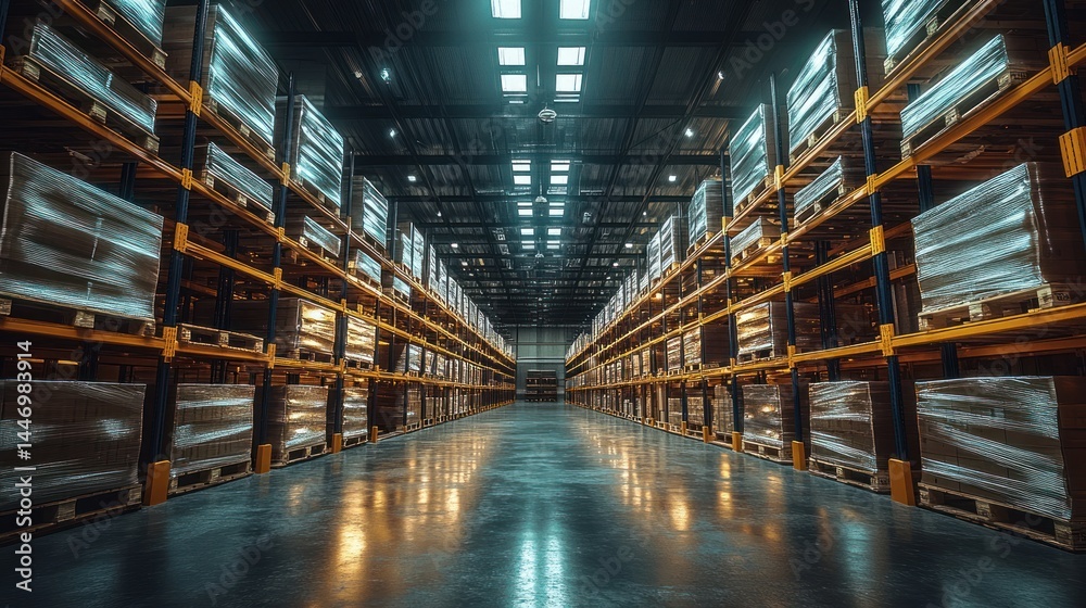 Warehouse interior shows rows of shelves filled with boxes under bright lighting. Warehouse interior shows rows of shelves filled with boxes under bright lighting.