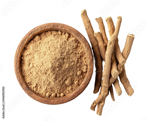 Ashwagandha powder benefits herbal remedies home natural isolated on transparent background