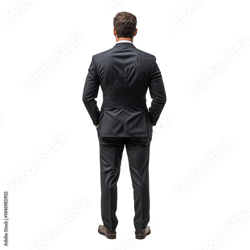 Businessman standing confidently modern office portrait back view isolated on transparent background