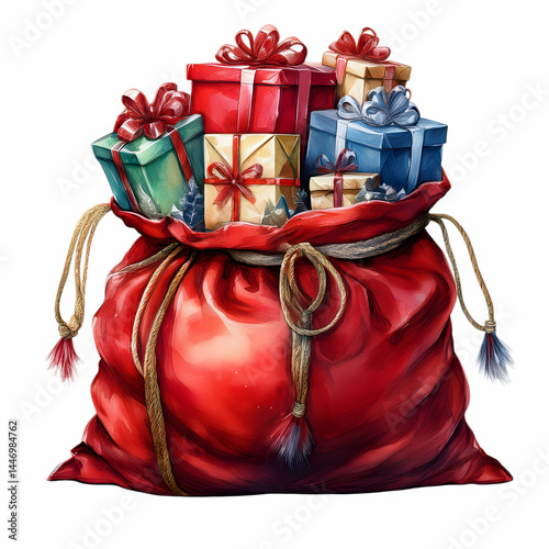 Bag Full of Gifts: A festive image, a red sack overflowing with beautifully wrapped presents, each adorned with a delicate ribbon, embodying the spirit of giving and celebration.
