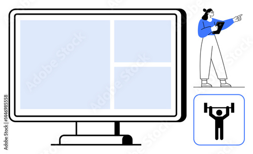 Large computer screen with grid layout, fitness trainer holding a clipboard, and weightlifting icon. Ideal for fitness apps, online coaching, healthy living, sports platforms, online courses